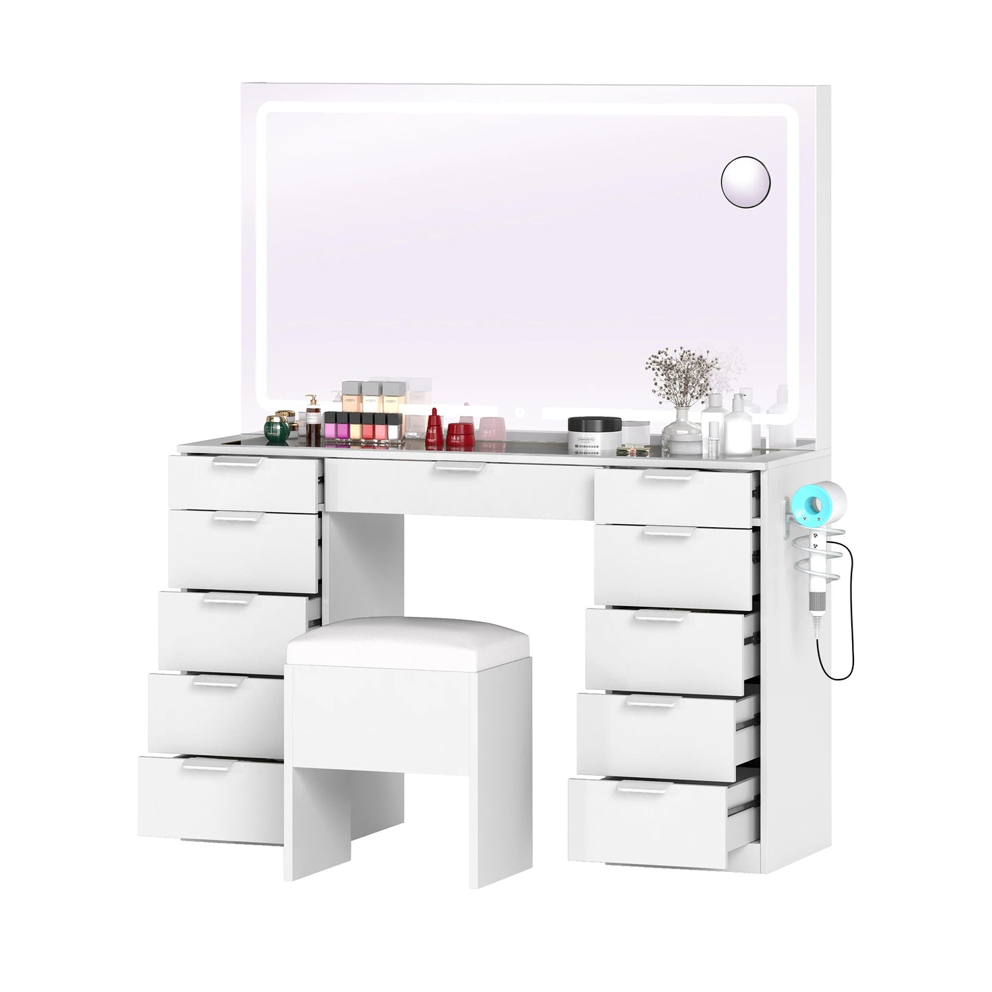 YITAHOME White Vanity Table with LED Mirror – 11 Drawers, Glass Top & Stool