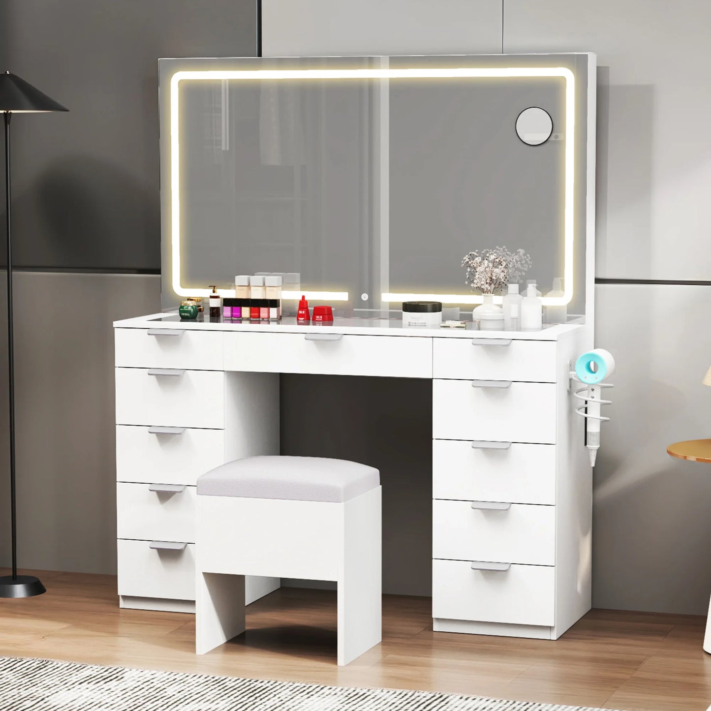 YITAHOME White Vanity Table with LED Mirror – 11 Drawers, Glass Top & Stool