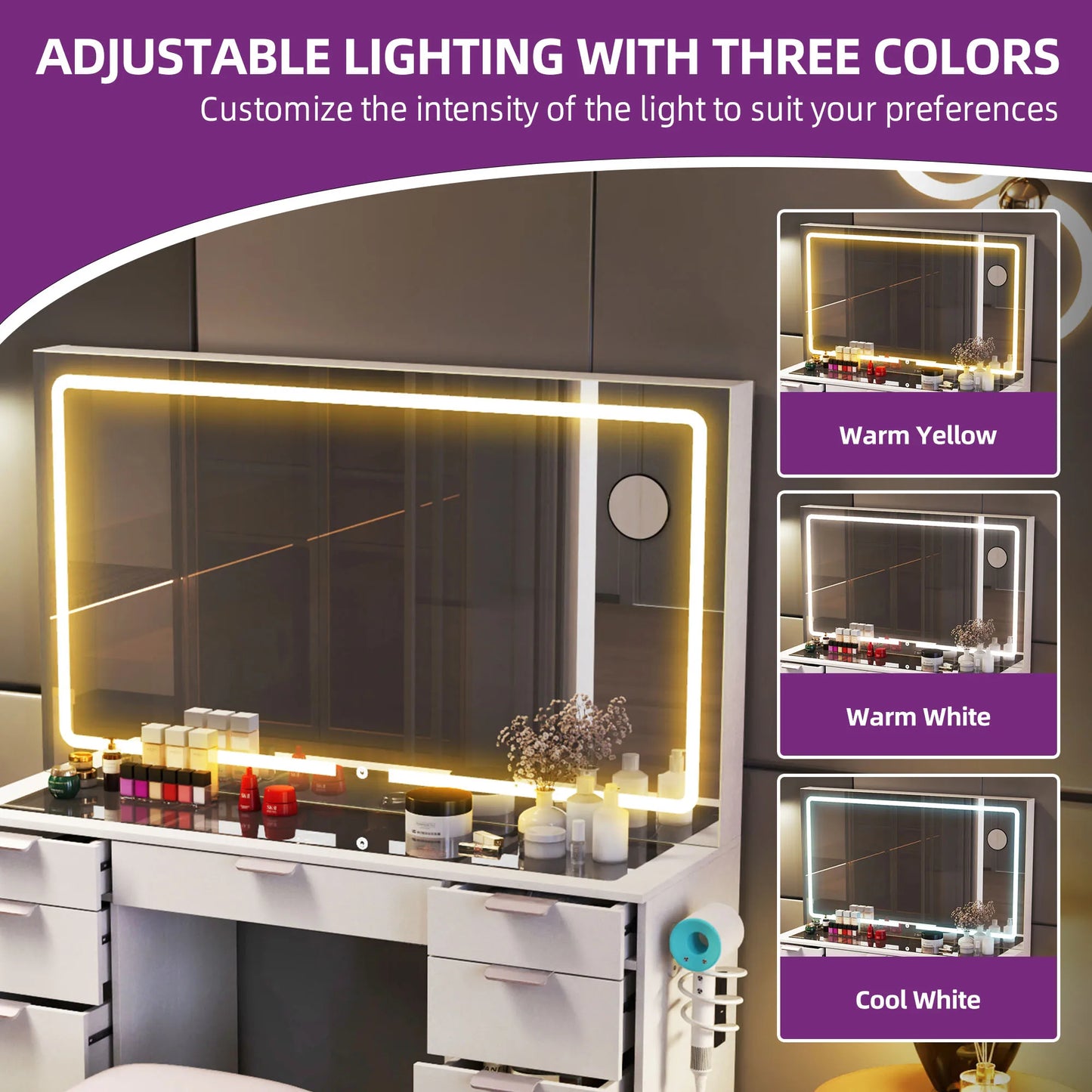 YITAHOME White Vanity Table with LED Mirror – 11 Drawers, Glass Top & Stool