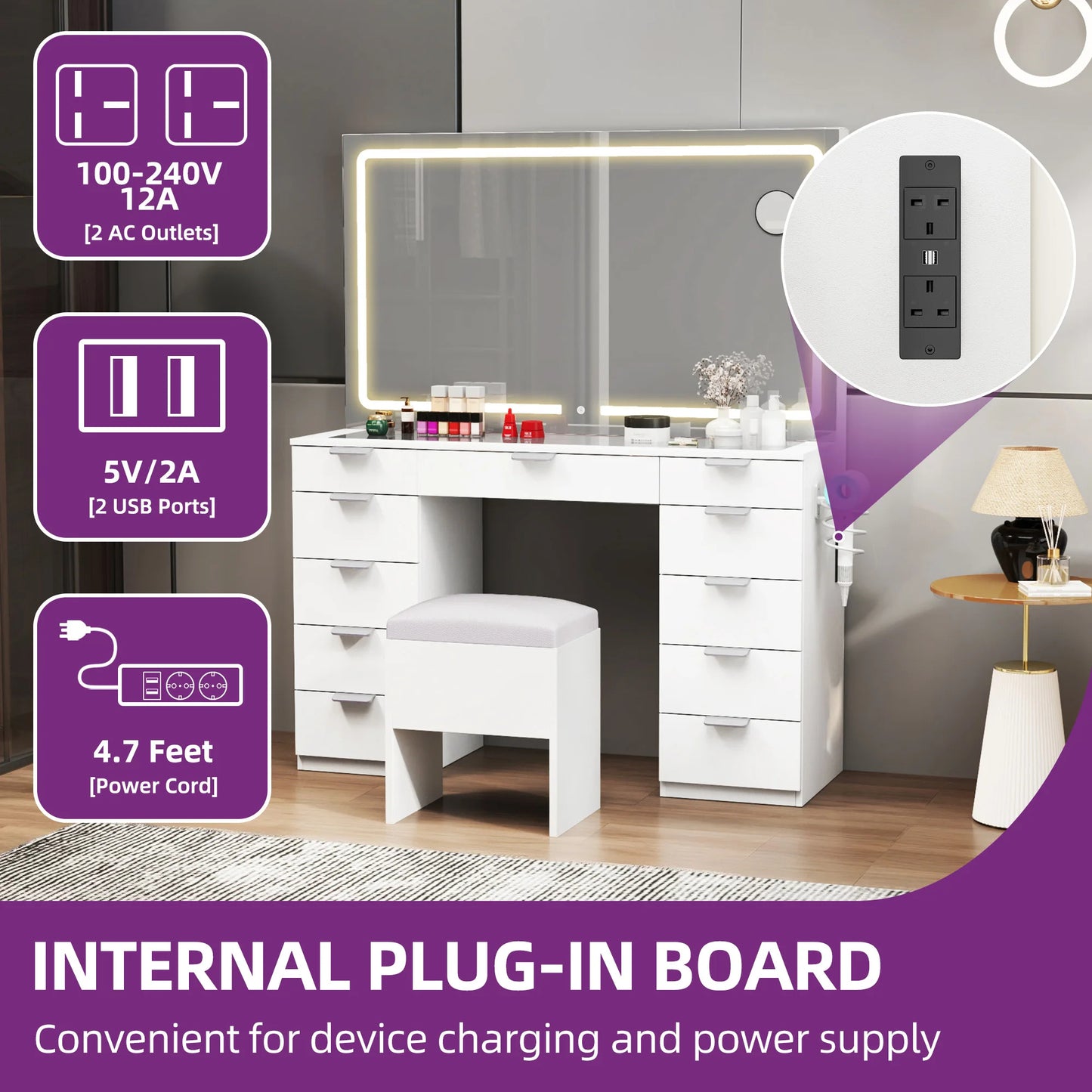 YITAHOME White Vanity Table with LED Mirror – 11 Drawers, Glass Top & Stool