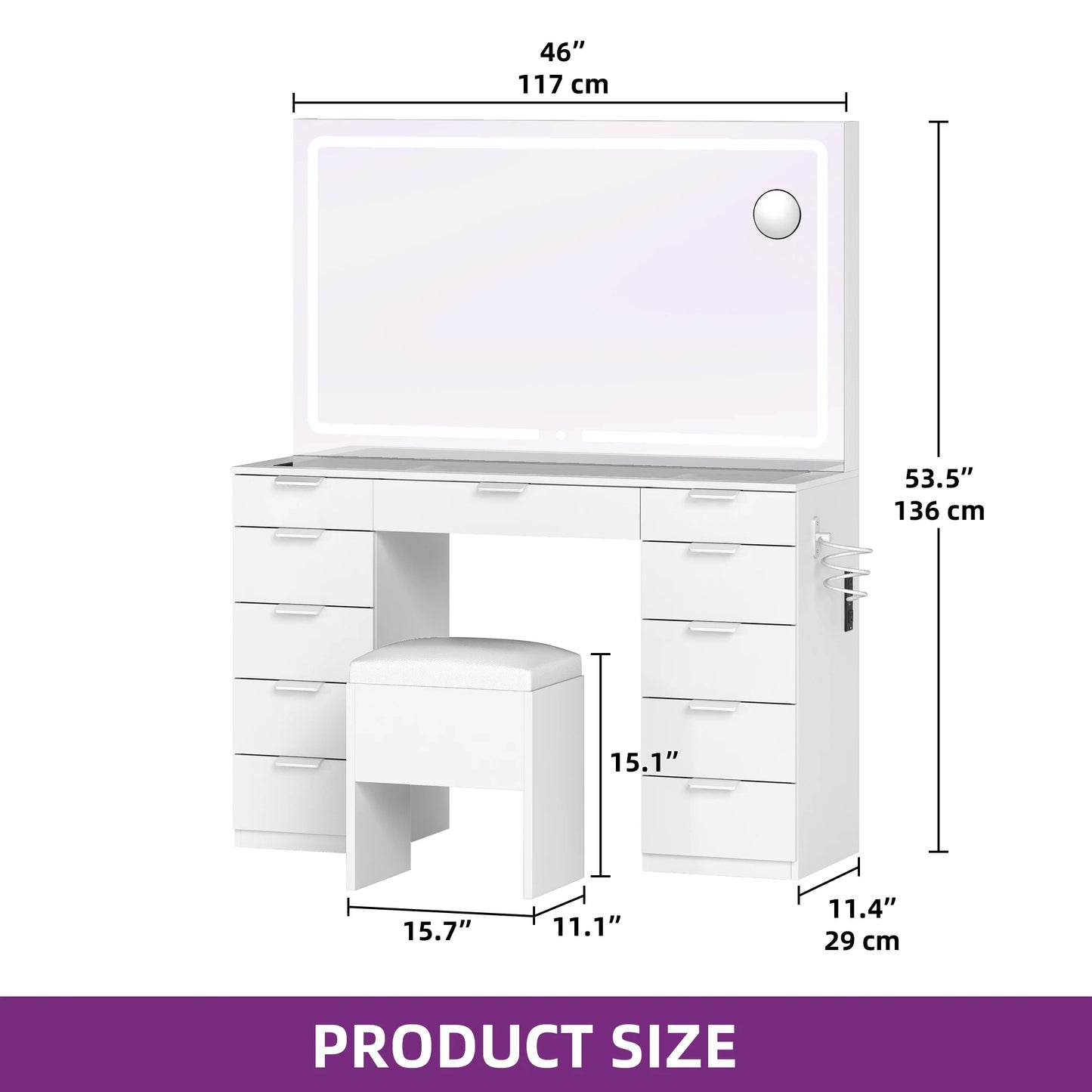 YITAHOME White Vanity Table with LED Mirror – 11 Drawers, Glass Top & Stool